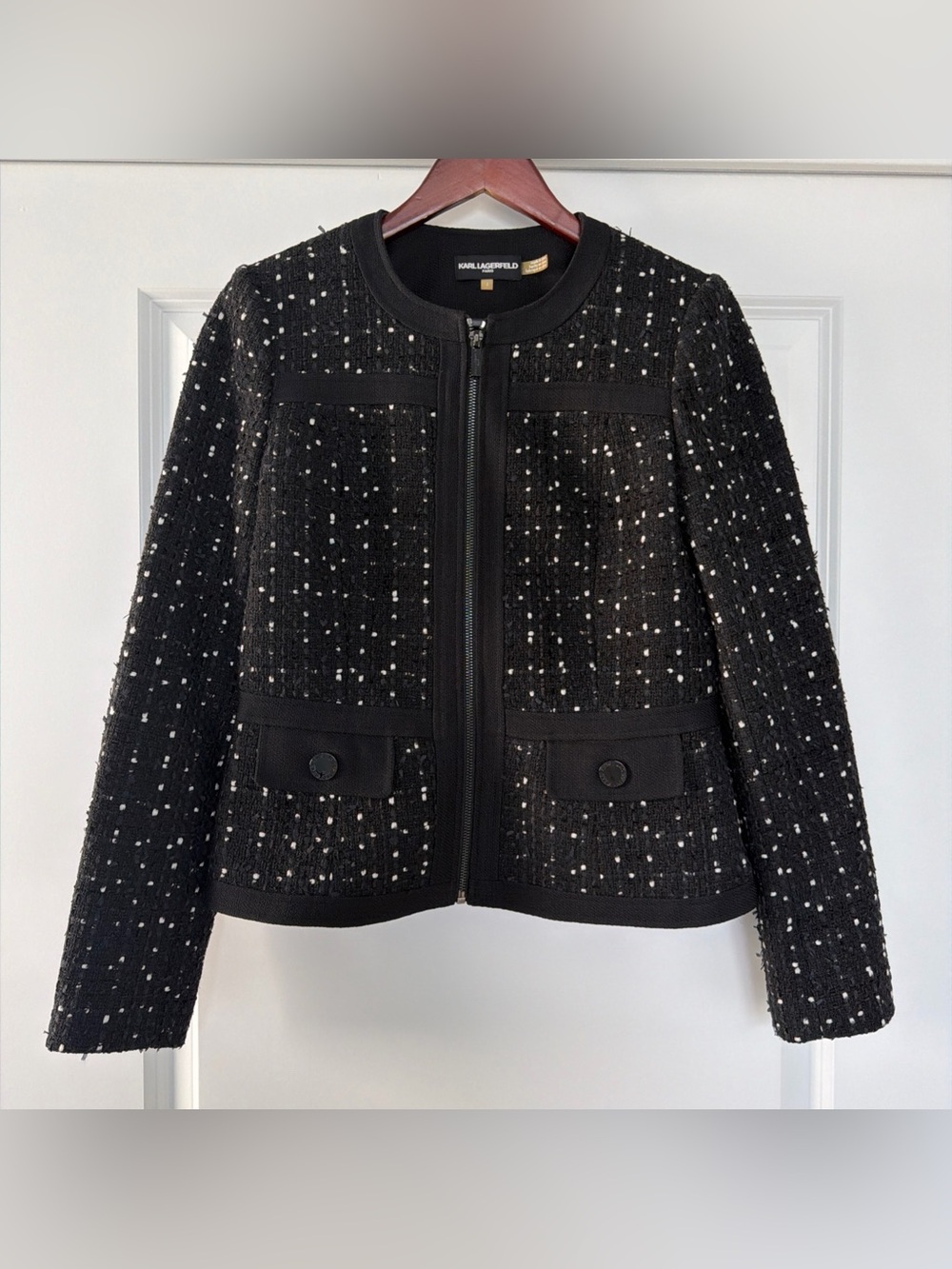 Karl Lagerfeld Paris Tweed Blazer Black Textured Zip Front Jacket Size 2